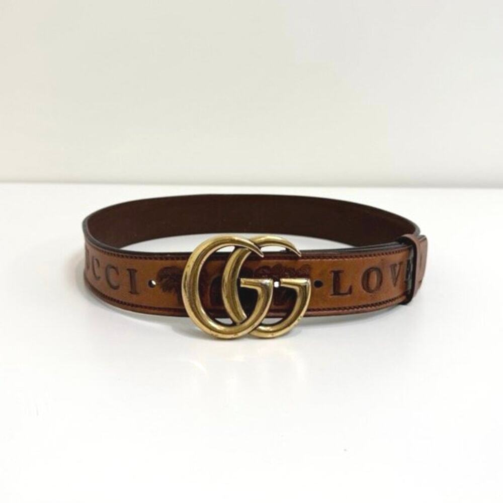 GUCCI Brown Leather Loved Double G Gold Buckle Belt 75 Embossed Logo Palm Tree